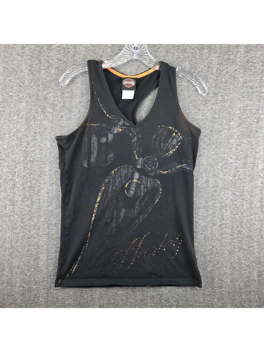 Harley-Davidson Tank Top Womens Medium Black V-Neck Rhinestone Biker Logo